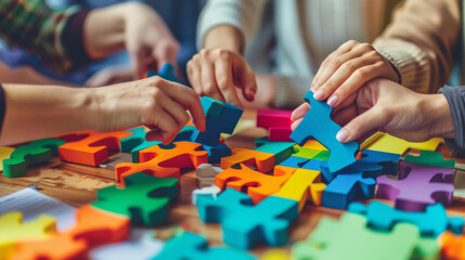 Fototapeta premium A group of people are working together to solve a jigsaw puzzle, HR organizing a team-building activities