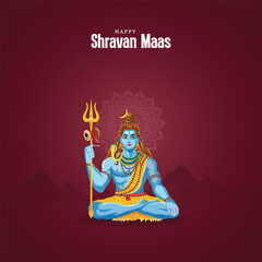 Shravan Month, And, Happy, Maha Shivratri, Poster, Happy Shravan Maas illustration featuring Lord Shiva in meditative pose with trident on a maroon background, Maha Shivratri Poster,