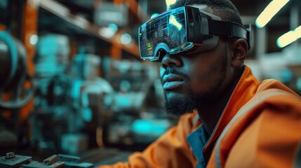 Factory worker using AR glasses, assembling parts