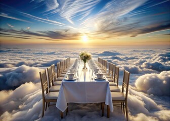 Dreamlike Feast Long Table Set for a Banquet Amidst the Clouds