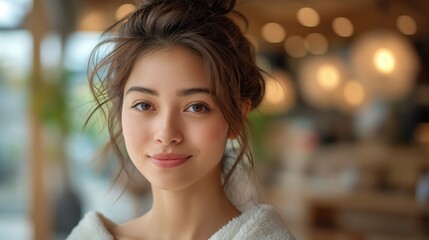 Fototapeta premium Relaxed Woman with Messy Bun in Cozy Setting