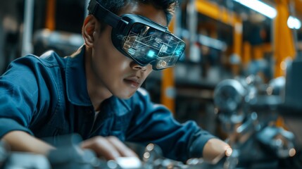 Factory worker using AR glasses, assembling parts