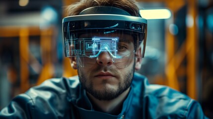 Factory worker using AR glasses, assembling parts