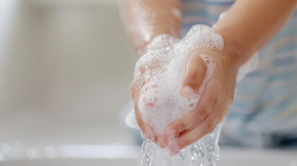 Close-up of a child's hands lathering soap and washing under running water, highlighting good hygiene and cleanliness.