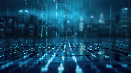 Fototapeta premium Futuristic digital cityscape with abstract binary code and lights representing technology, data, and connectivity in a modern urban environment.