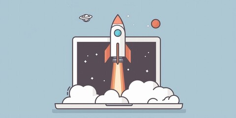 Rocket Launching from Laptop in Cosmic Background created by ai