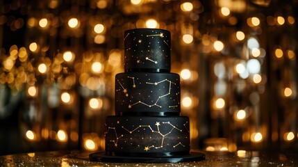 sleek cake with a matte black finish and minimalist gold constellation designs, set against a backdrop of an elegant, starry night-themed gala