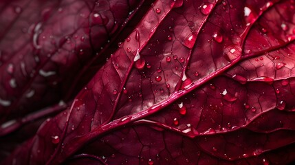 Fototapeta premium Closeup of a Red Leaf with Dew Drops