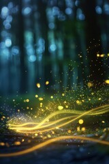 Obraz premium A forest with a glowing, yellow light. The light is coming from a firefly, which is flying through the trees. The scene is peaceful and serene, with the firefly's light creating a warm