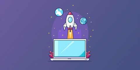 Rocket Launching from Laptop in Cosmic Background created by ai