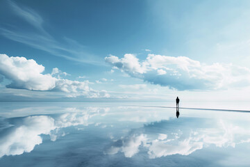 Fototapeta premium A person stands in front of a large body of water and reflection of the sky