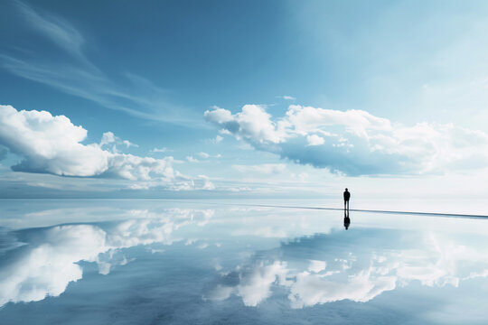 A person stands in front of a large body of water and reflection of the sky