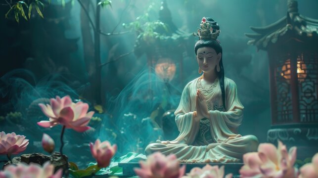 Scene of Guanyin offering healing and comfort, representing her compassionate nature and merciful presence.