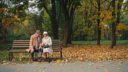 Elderly man and woman sitting on bench in amazing autumn park and reading letter together - dolly...