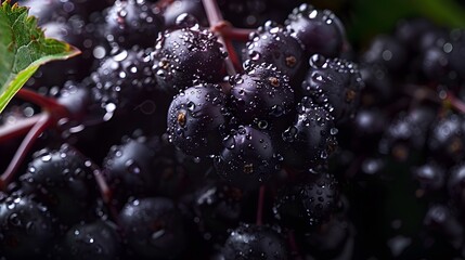 Closeup of Fresh Black Elderberries with Dew Drops