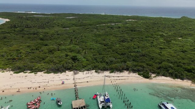 Vibrant Aerial View of Tourists and Boats on Icacos Island, Puerto Rico: A Tropical Paradise