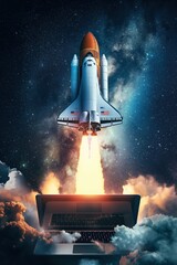 Obraz premium Rocket Launching from Laptop in Cosmic Background created by ai