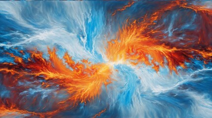 Dance of Fire and ice,a vibrant swirl of fiery orange and red hues contrasted against cool blue and white tones. The dynamic movement and intricate details create a sense of both passionate intensity.