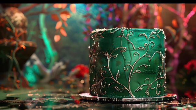 sleek, emerald green cake with minimalist silver vine patterns, set against a backdrop of an opulent, enchanted forest theme party