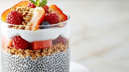 A close-up of a chia pudding with layers of fruit and granola, in a brightly lit kitchen, high-resolution photo, realistic photo, cinematography, hyper realistic