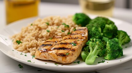 A close-up of a plate of grilled chicken with steamed broccoli and brown rice, in a modern kitchen, high-resolution photo, realistic photo, cinematography, hyper realistic