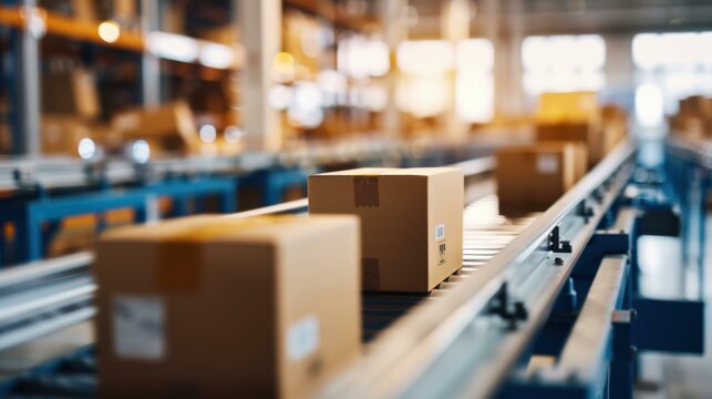 Brown Cardboard Boxes On Conveyor Belt In Warehouse - E-commerce Logistics & Shipping Concept