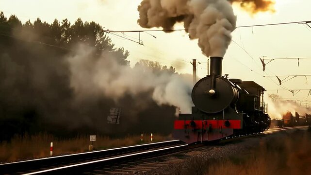Vintage steam train chugging railway at sunset
