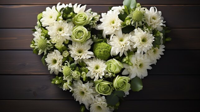 White and green flower arrangement in heart shape