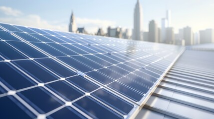 Obraz premium A close-up of solar panels on a rooftop, with the city skyline in the background, high-resolution photo, realistic photo, cinematography, hyper realistic