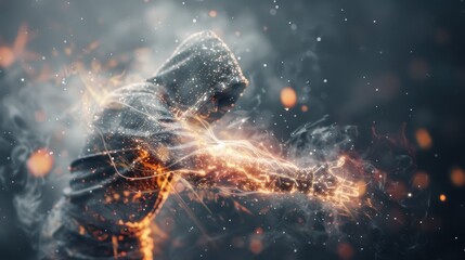 A person is standing in a snowy field with a white cloak and a sword. The person is surrounded by a glowing mist and stars. The image has a mystical and ethereal mood