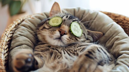 Obraz premium Cat sleep with turning face up on a cushion with cucumber slices on its eyes in spa room