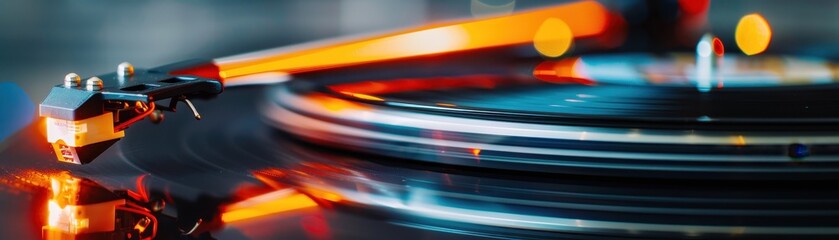 A record player is playing a record with a stylus on it. The stylus is black and silver