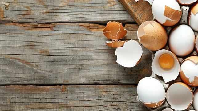 Cracked Eggs on Rustic Wooden Surface