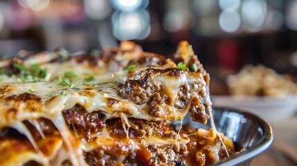 Fototapeta premium A close-up shot of a cheesy lasagna dish.