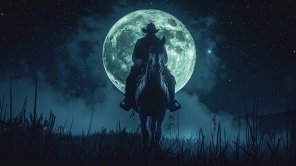cowboy man riding a horse full moon background