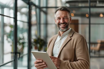 Fototapeta premium Smiling Middle-Aged Man Using Tablet in Modern Office - Business Technology Success Concept