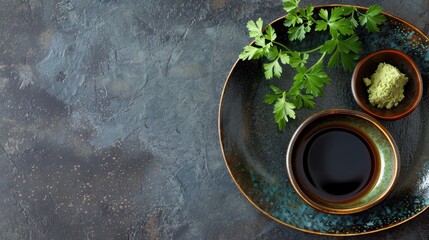 Soy Sauce and Wasabi: Soy sauce in a small bowl and wasabi on a plate.