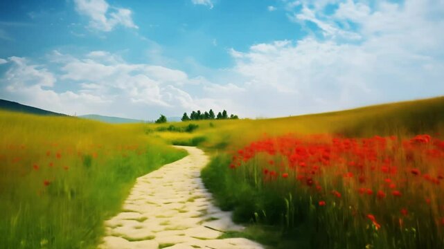 Yellow brick road through green meadows with red poppy flowers, fantasy summer outdoor horizontal background.