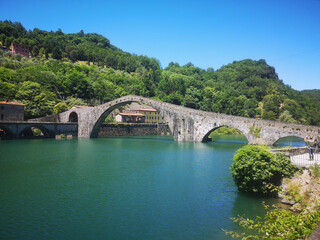 Fototapeta premium Devil's bridge or ponte della Maddlena is one of landmark of Garfagnana, Borgo a Mozzano ,Tuscany, Italy