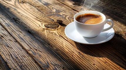 Obraz premium Steaming Hot Coffee: A steaming cup of freshly brewed coffee on a rustic wooden table.