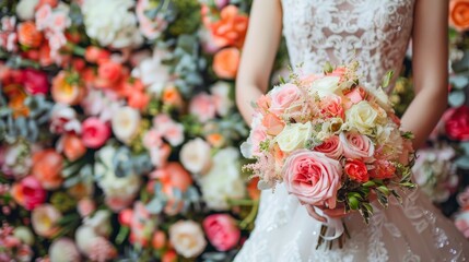 Bride holding lowers bouquet wallpaper background