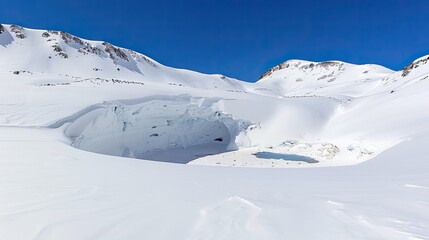 A glacial cave in Antarctica with a bright blue interior and a view of the snow-covered landscape beyond.
