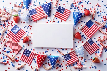 Obraz premium Vibrant patriotic banner mockup featuring colorful confetti, American flags, and festive decorations isolated on a white background, perfect for happy Veterans Day celebrations.
