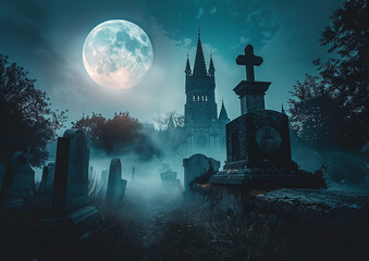 Eerie Halloween setting with a full moon shining over an old castle and a spooky cemetery