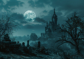 Naklejka premium Halloween night scene featuring a vintage castle against a full moon, with an eerie cemetery in the foreground