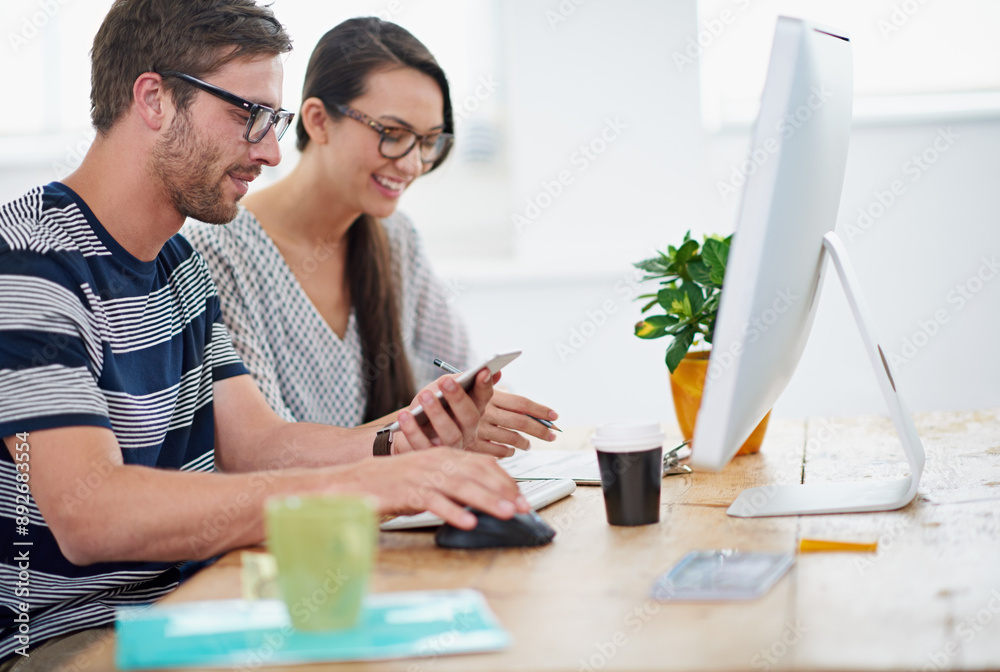 Poster man, woman and team with phone in office for creative, notification for company update on social med