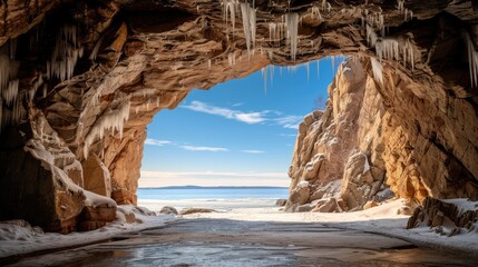A view from a mountain cave overlooking a frozen lake in the Canadian Arctic. The sky is blue and there are clouds in the distance. The mountain peaks are snow-covered