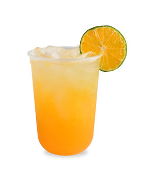 Refreshing Natural Squeezed Orange Juice with Ice and Lime Garnish in a Plain Plastic Cup on a White Background