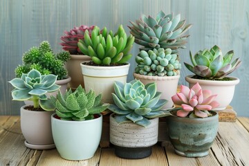 Fototapeta premium Collection of succulents in stylish pots on wooden tabletop