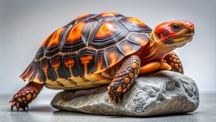 Obraz premium Vibrant red foot tortoise sits on grey stone against soft white background, showcasing its striking shell patterns and calm demeanor in a studio setting.